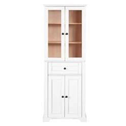 67.2 In Tall Bathroom Storage Cabinet With Tempered Glass Doors, Adjustable Shelves And Drawer In White