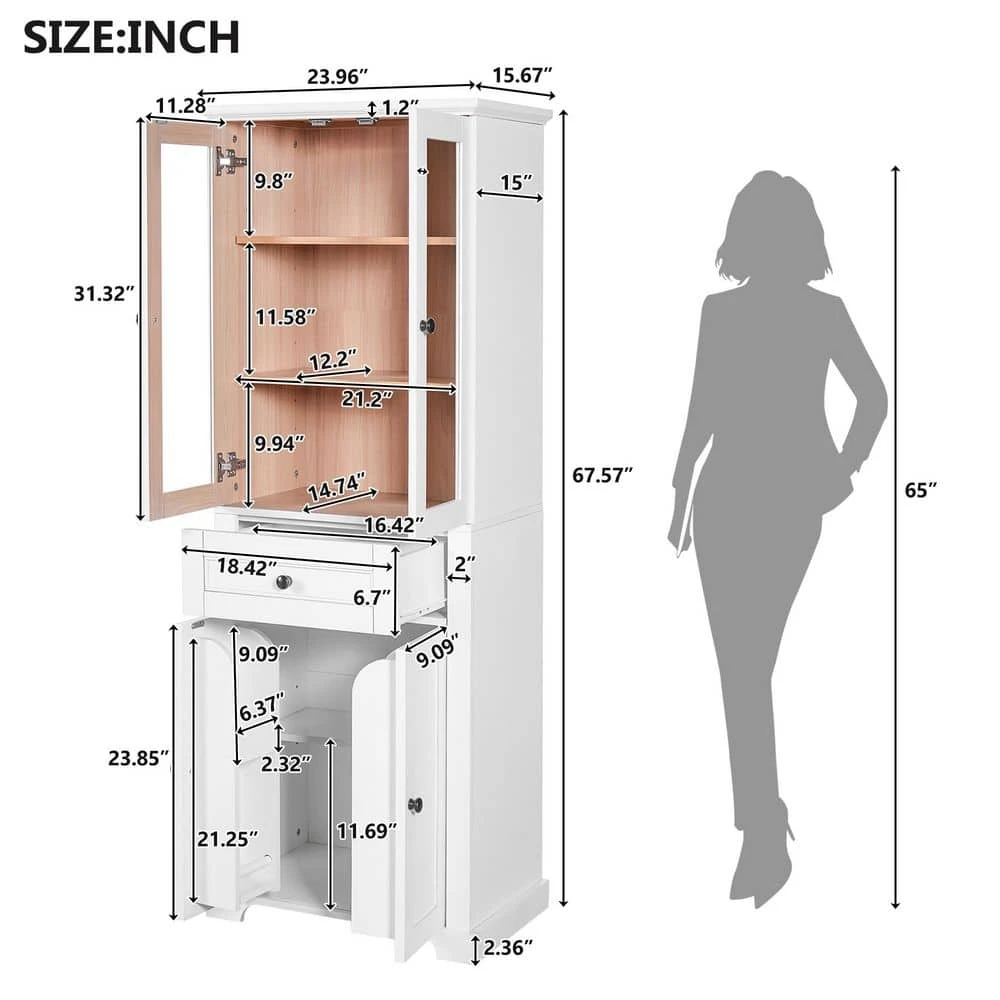 67.2 In Tall Bathroom Storage Cabinet With Tempered Glass Doors, Adjustable Shelves And Drawer In White 6 67.2 In Tall Bathroom Storage Cabinet With Tempered Glass Doors, Adjustable Shelves And Drawer In White - Image 6
