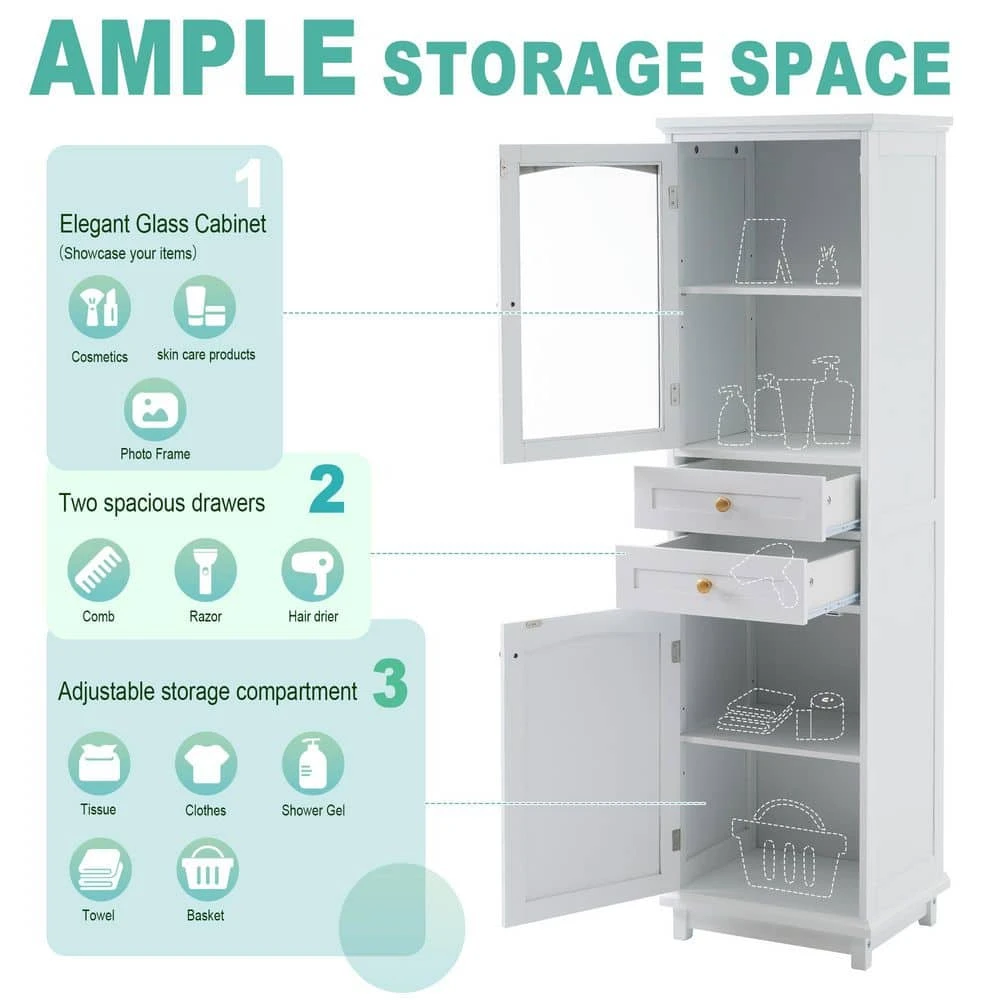 63 In.Tall Bathroom Storage Cabinet – Glass Doors, 2 Drawers, Adjustable Shelves In White 2 63 In.Tall Bathroom Storage Cabinet – Glass Doors, 2 Drawers, Adjustable Shelves In White - Image 2