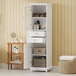 63 In.Tall Bathroom Storage Cabinet – Glass Doors, 2 Drawers, Adjustable Shelves In White 19 63 In.Tall Bathroom Storage Cabinet – Glass Doors, 2 Drawers, Adjustable Shelves In White -FURITURE SALE SHOP white tahanbath pantry organizers z w688p194052 31 1000