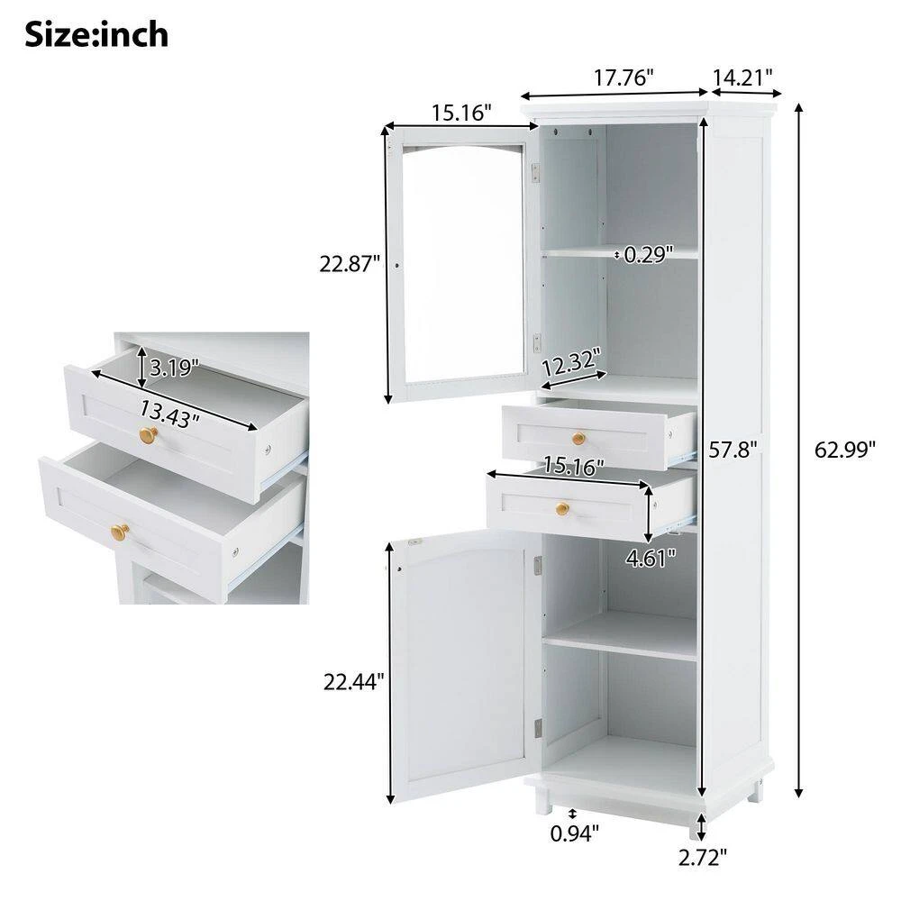 63 In.Tall Bathroom Storage Cabinet – Glass Doors, 2 Drawers, Adjustable Shelves In White 8 63 In.Tall Bathroom Storage Cabinet – Glass Doors, 2 Drawers, Adjustable Shelves In White - Image 8