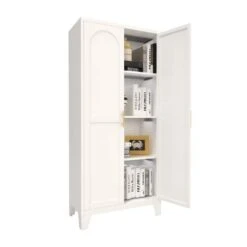 61 In. 2-Shapely Doors Cabinet, Metal Storage Cabinet With Doors And Adjustable Shelves In White -FURITURE SALE SHOP white tahanbath pantry organizers z w688p194056 1f 1000