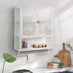 Modern 23.62" Two-Door Wall Cabinet With Glass Doors, Two-Tier Storage, Open Shelf & Towel Rack-Multiple Rooms In White -FURITURE SALE SHOP white tahanbath pantry organizers z w757119332 44 1000