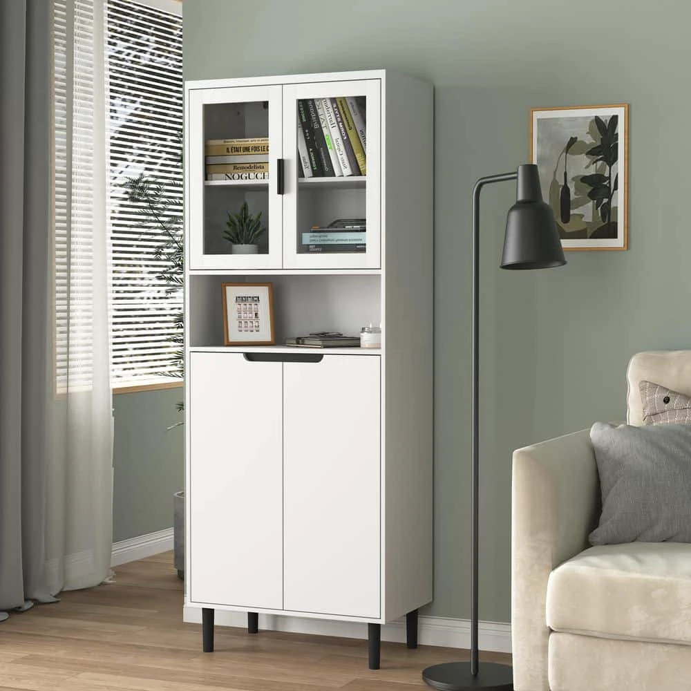 Tall Tempered Glass Door Bookcase: 4-Doors, Adjustable Shelves In White 4 Tall Tempered Glass Door Bookcase: 4-Doors, Adjustable Shelves In White - Image 4