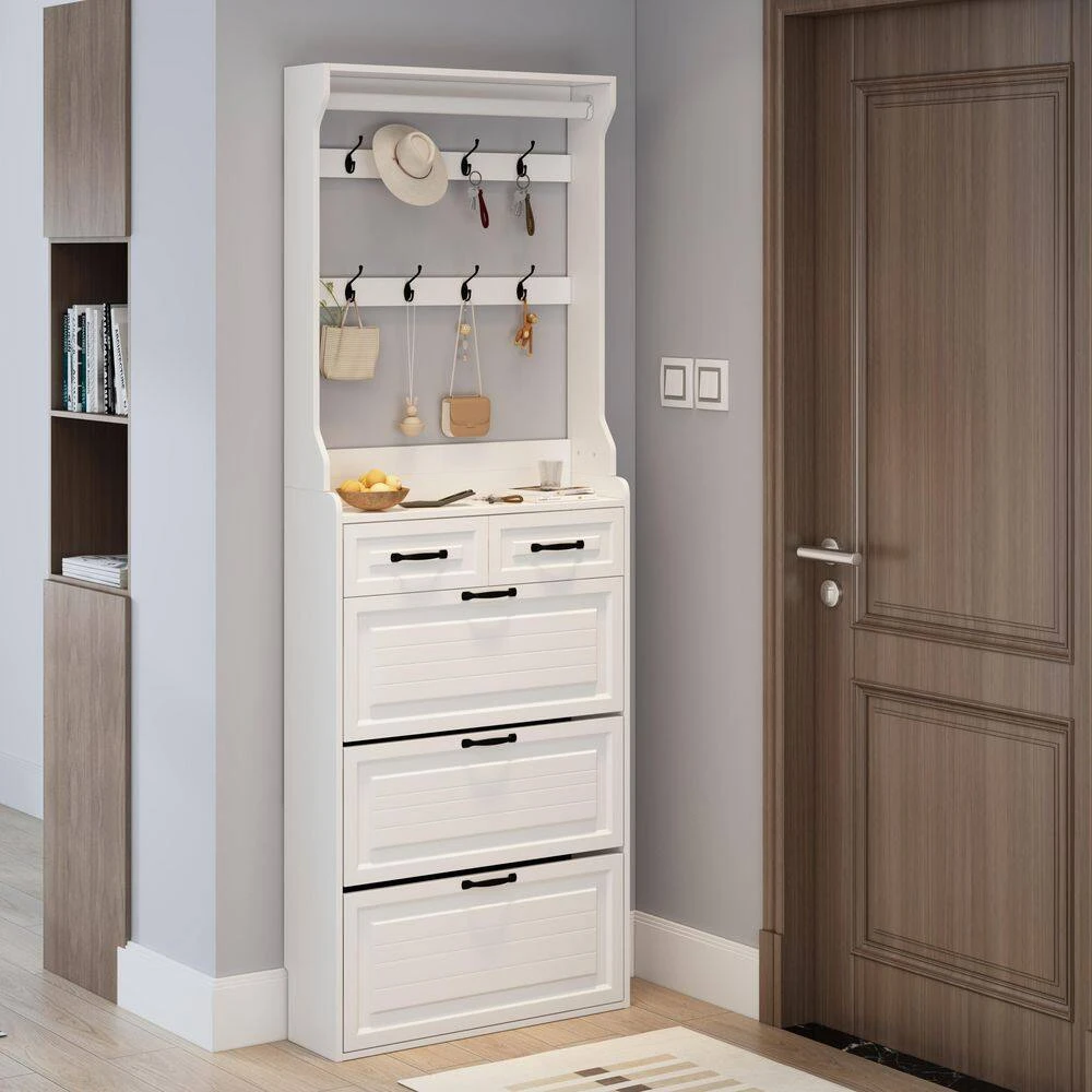 Shoe Cabinet With 3-Doors 2-Drawers With Hanger,Large Space For Storage In White 5 Shoe Cabinet With 3-Doors 2-Drawers With Hanger,Large Space For Storage In White - Image 5