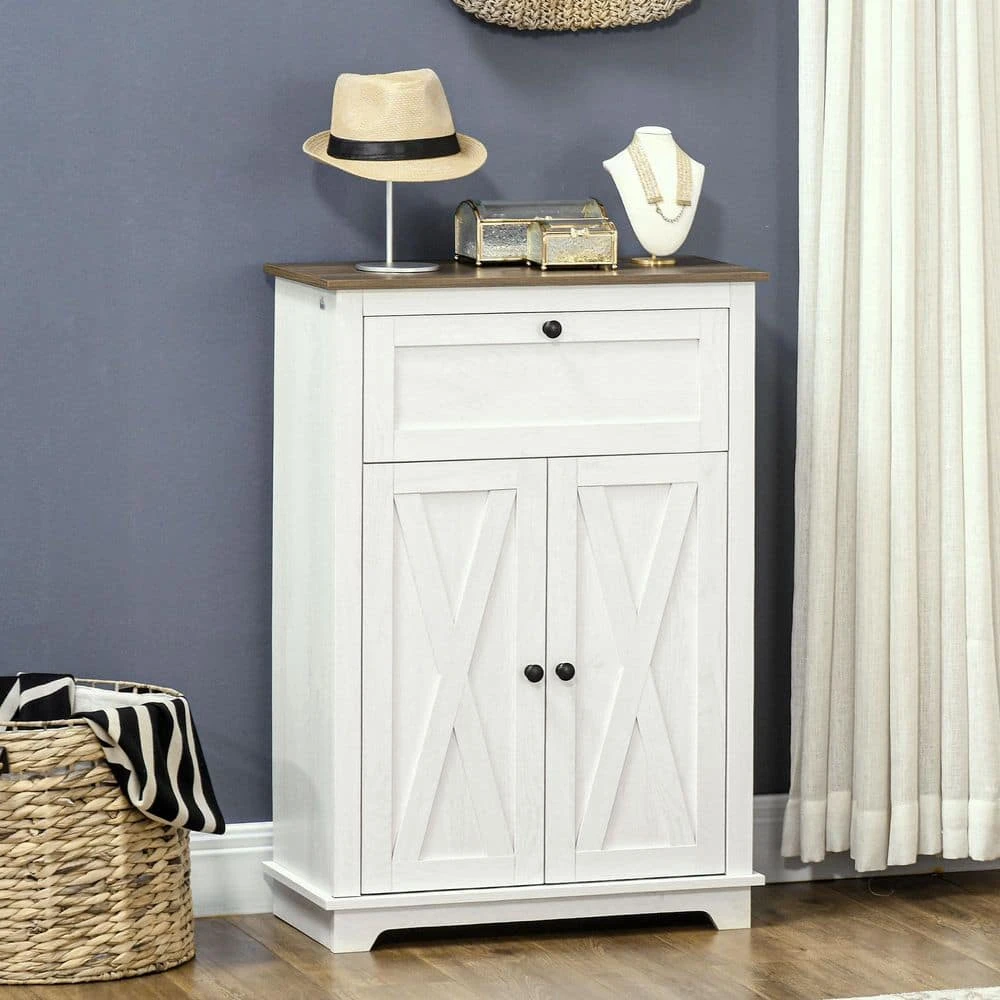 Farmhouse Barn Door Accent Cabinet: Double Doors, Drawer, Adjustable Shelf In White 2 Farmhouse Barn Door Accent Cabinet: Double Doors, Drawer, Adjustable Shelf In White - Image 2