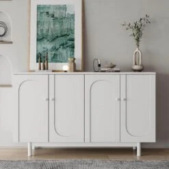 Functional Stylish 4-Door Intaglio Storage Cabinet With Pine Legs, Solid Wood Pulls And MDF In White 12 Functional Stylish 4-Door Intaglio Storage Cabinet With Pine Legs, Solid Wood Pulls And MDF In White -FURITURE SALE SHOP white tahanbath pantry organizers z w757p151917 fa 1000