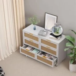 51.18 In. 6-Drawers Rattan Storage Cabinet Rattan Drawer, For Bedroom, Living Room, White -FURITURE SALE SHOP white tahanbath pantry organizers z w757p174986 1f 1000