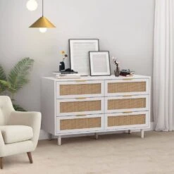 51.18 In. 6-Drawers Rattan Storage Cabinet Rattan Drawer, For Bedroom, Living Room, White -FURITURE SALE SHOP white tahanbath pantry organizers z w757p174986 76 1000