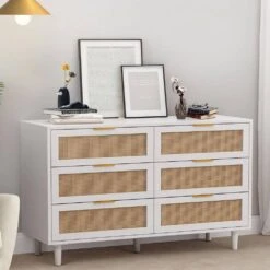 51.18 In. 6-Drawers Rattan Storage Cabinet Rattan Drawer, For Bedroom, Living Room, White -FURITURE SALE SHOP white tahanbath pantry organizers z w757p174986 fa 1000