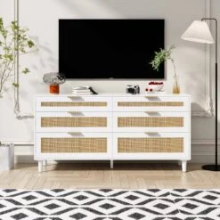 6-Drawer Rattan Dresser With Metal Handles & Wood Legs-Versatile White Storage Solution For Bedroom & Hallway In White -FURITURE SALE SHOP white tahanbath pantry organizers z w757p209514 1f 1000