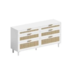 6-Drawer Rattan Dresser With Metal Handles & Wood Legs-Versatile White Storage Solution For Bedroom & Hallway In White