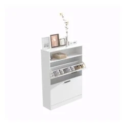 White Freestanding Narrow Shoe Storage Cabinet With 2 Flip Drawers: Sturdy Wood Hidden Organizer For Front Door Bedroom -FURITURE SALE SHOP white tahanbath pantry organizers z w808p174805 1f 1000