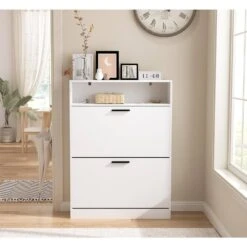 White Freestanding Narrow Shoe Storage Cabinet With 2 Flip Drawers: Sturdy Wood Hidden Organizer For Front Door Bedroom -FURITURE SALE SHOP white tahanbath pantry organizers z w808p174805 31 1000