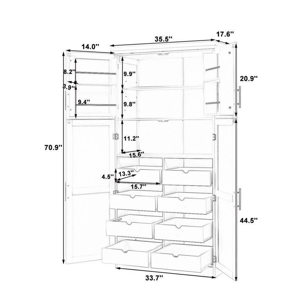 70.9 In. Kitchen Pantry: 4-Doors, 8-Trays, Adjustable Shelf InWhite 3 70.9 In. Kitchen Pantry: 4-Doors, 8-Trays, Adjustable Shelf InWhite - Image 3