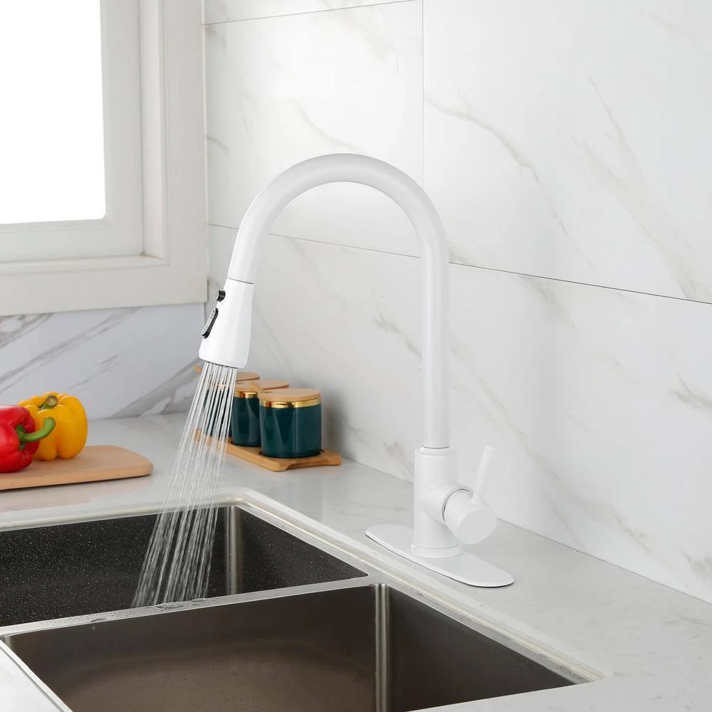 16.53 In. Kitchen Faucet With Pull Out 360 Degree Spout Swivel In White 6 16.53 In. Kitchen Faucet With Pull Out 360 Degree Spout Swivel In White - Image 6