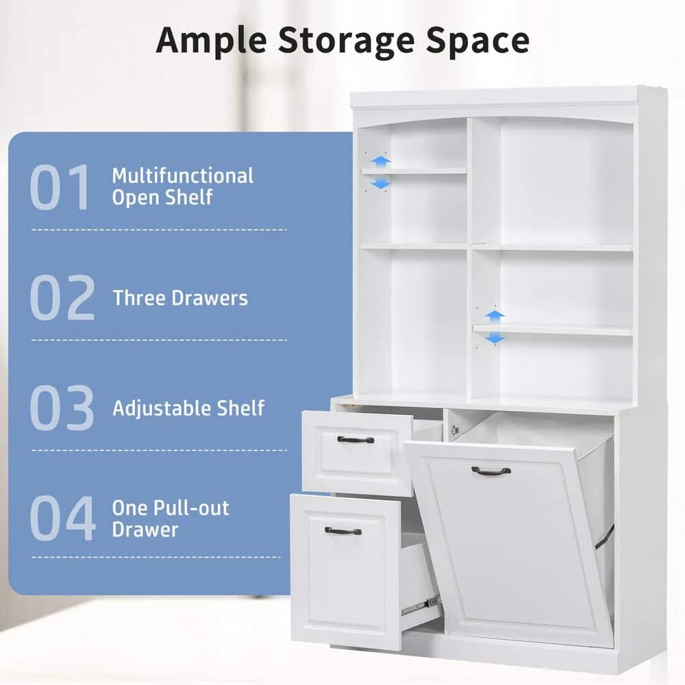 39.30 In. D X 16.50 In. W × 70.90 In. H White Bathroom Storage Cabinet Pantry With Tilt-Out Hamper-Drawers 4 39.30 In. D X 16.50 In. W × 70.90 In. H White Bathroom Storage Cabinet Pantry With Tilt-Out Hamper-Drawers - Image 4