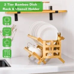 Foldable Two Tier Bamboo Dish Drying Rack - Foldable Space Saving Drainer With Utensil Holder High Quality Kitchen -FURITURE SALE SHOP wood tahanbath dish racks d0102x39mpy 4f 1000